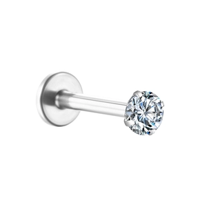 Macro view of G23 titanium labret stud with a 4-prong round clear zircon and flat back