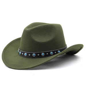 Detail of green wool western cowboy hat featuring turquoise beaded black decorative band