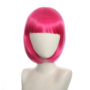 Detail of a pink short bob wig with bangs on a model for cosplay and fashion