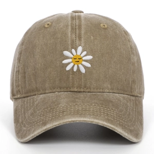 Vintage-Baseballkappe in Khaki mit Sonnenblumen-Stickerei und lächelndem Gesicht-Design