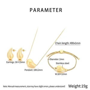 Detailed view of 18K gold plated stainless steel teardrop earrings, necklace, and bracelet set