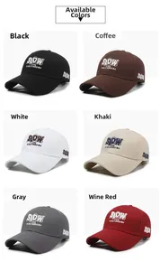 Flat lay view of six colorful baseball caps with slow life embroidery on white background