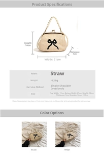 Dimensions détaillées du sac à bandoulière en paille avec anse perle et décor de nœud