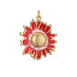Detailed macro of red enamel sunflower pendant with golden textured center and S925 hallmark