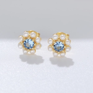 Flower Stud Earrings With Blue Zircon And Artificial Pearl 925 Sterling Silver Earring Post Elegant Floral Jewelry For Women