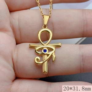 Detail shot of golden Eye of Horus Ankh pendant with blue zircon and O-chain, 20*31.8mm