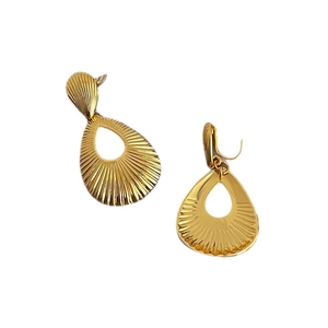 Elegant gold metal teardrop earrings with textured radial patterns on white background