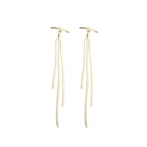 Elegant gold long tassel drop earrings with sleek minimalist curved metal bars