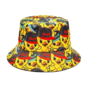 Vibrant yellow bucket hat featuring a trendy cartoon duck print for sun protection