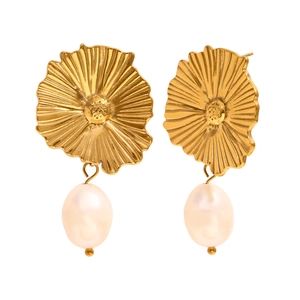 Orecchini vintage a fiore placcati in oro 18K con pendenti di perle bianche
