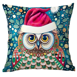 Christmas watercolor owl pillow cover with festive hat on white background