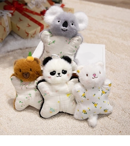 Detail of plush animal finger puppets with floral star outfits and embroidery
