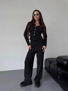 Women's black V-neck knitted set with long sleeve button cardigan and high waist pants