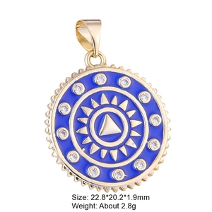 Detailed view of gold sun pendant with blue enamel, zircon inlay and size parameters