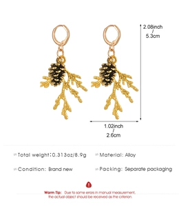 Detail view of pine cone branch earrings with dimensions and weight measurements