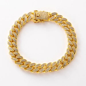Bracelet gourmette cubaine doré luxueux avec strass étincelants pour hommes et femmes