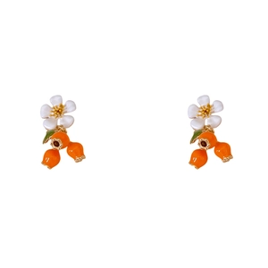 Floral earrings with white petals, orange fruit accents, and gold-plated silver needles