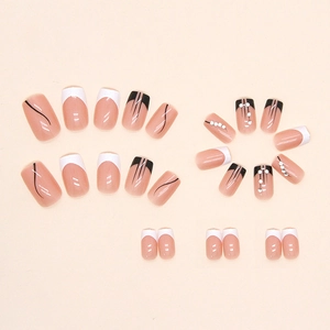 Faux ongles carrés mi-longs élégants au design minimaliste noir et blanc artistique