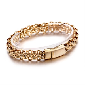 Polished gold multi-link stainless steel hip-hop bracelet for men with secure folding clasp