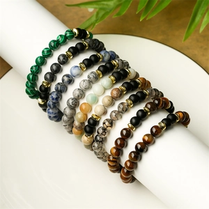 Natural Stone Beaded Bracelet Tiger Eye Turquoise Agate Amazonite Malachite Lava Rock Alloy Spacer Elastic Jewelry