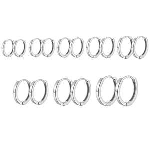 Set of eight pairs of 925 sterling silver hoop earrings in various sizes for men and women