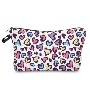 Fashionable leopard heart print makeup bag with colorful 3D digital patterns and zipper