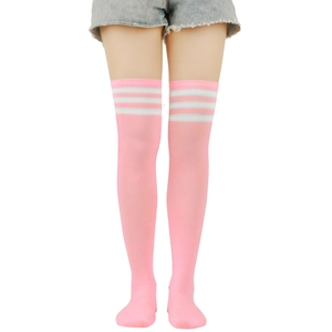 Detail view of pink and white striped over-knee high socks in soft knitted cotton fabric