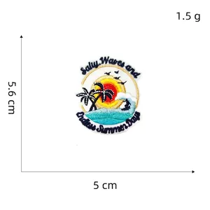 Detailed view of beach sunset embroidery patch with Salty Waves text and dimensions