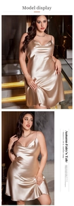 Detail of champagne satin plus size slip dress featuring a cowl neck and silk texture