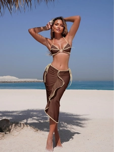 Three-piece solid dark brown bikini set with a long sarong and contrast beige trim