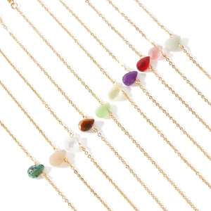 Golden O-chain necklace featuring colorful teardrop-shaped semi-precious pendants