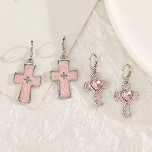 Silver cross earrings with pink crystal heart and enamel details for women jewelry