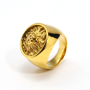 Gold plated stainless steel signet ring featuring an embossed lion head for men