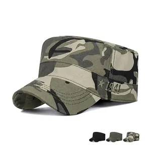 Men Cadet Cap Cotton Canvas Flat Top Military Hat 1941 Star Embroidery Adjustable Sun Protection Outdoor Sport Casual