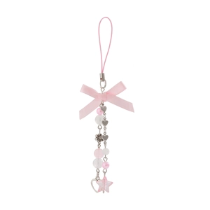 Detail of pink satin bow keychain with beaded star and heart charms on silver chain