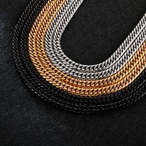 Polished stainless steel curb link chains for men in black, gold, and silver finishes