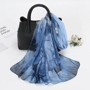 Women Chiffon Scarf Floral Printed Lotus Pattern Lightweight Sun Protection Shawl Elegant Soft Long Neck Wrap