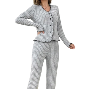Women's two-piece ribbed knit pajama set with V-neck cardigan and matching grey pants