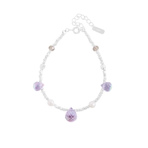 Elegant S925 sterling silver bracelet with purple crystals and white pearls for women