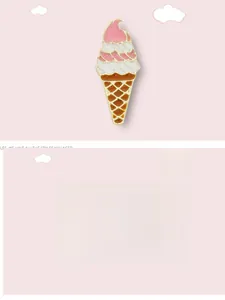 Detail of colorful rainbow and ice cream enamel pins on a cute pink cartoon background