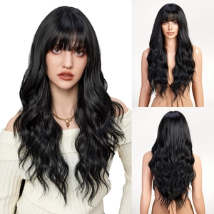 Detail view of long wavy black wig with flat bangs showing front and back styling on model