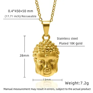 Detail of 18K gold plated stainless steel Buddha pendant showing size 28x13mm and chain specs