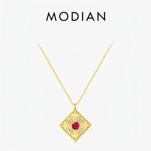 Vintage Hollow Square Pendant Necklace Red Ruby Zircon 925 Sterling Silver Gold Plated Geometric Elegant Jewelry Women