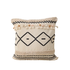 Bohemian beige tufted throw pillow cover with black diamond embroidery and tassels