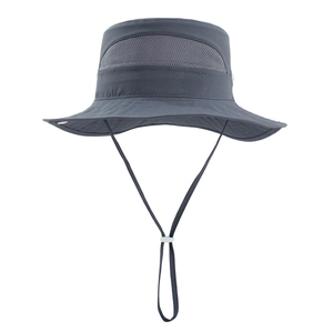 Detail of dark grey kids sun hat with mesh vents and adjustable windproof chin strap