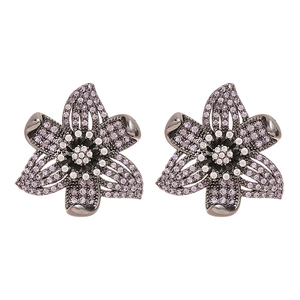 Vintage luxury zircon flower stud earrings in purple crystals with black gold base