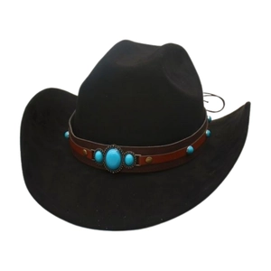 Detail of turquoise stones and metal buckles on vintage black felt cowboy hat band
