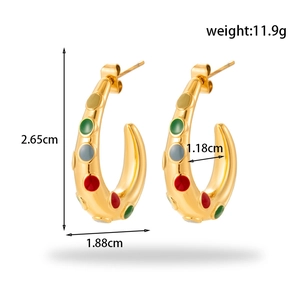 Golden C-shaped stainless steel earrings with colorful enamel dots and sizing specs