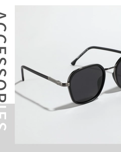 Detailed close-up of textured metal hinge on square TR90 polarized sunglasses
