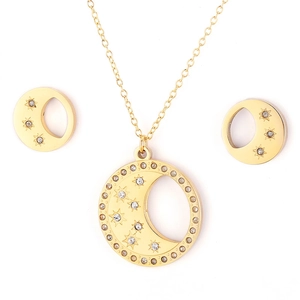 Parure de bijoux en acier doré avec pendentifs lune et étoile sertis de zircons